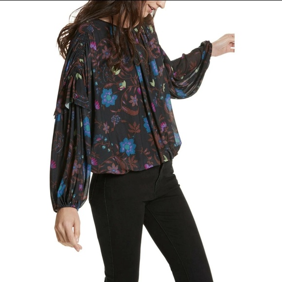 Free People wildflower black Long Sleeve balloon sleeve Blouse oversized Medium - Picture 1 of 10